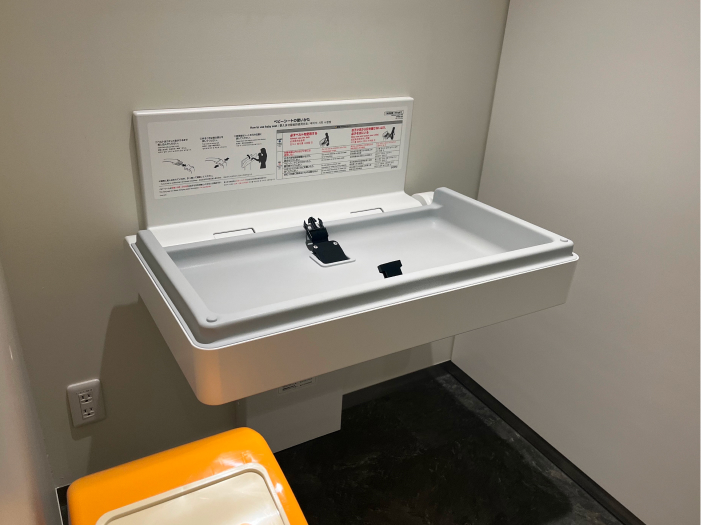 Nursing room (fully private), diaper changing table, disposable diaper collection box, water heater for preparing formula