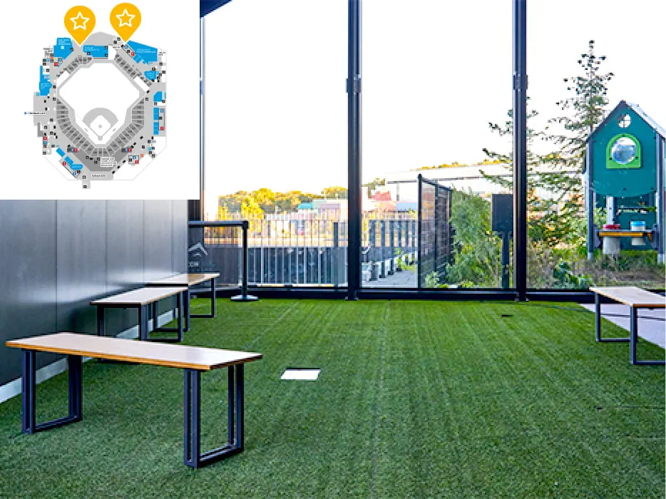 Lawn area in front of the glass wall